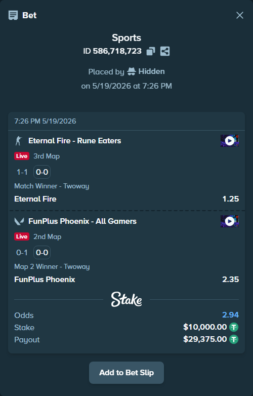 Bet slip: FunPlus Phoenix - All Gamers, $10,010.00 stake at 2.35 odds, placed by Hidden