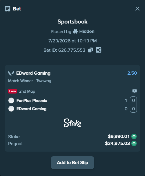 Bet slip: FunPlus Phoenix - EDward Gaming, $10,000.00 stake at 2.50 odds, placed by Hidden