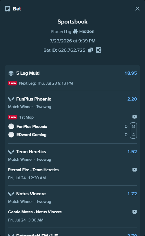 Bet slip: FunPlus Phoenix - EDward Gaming, $32,000.00 stake at 2.20 odds, placed by Hidden