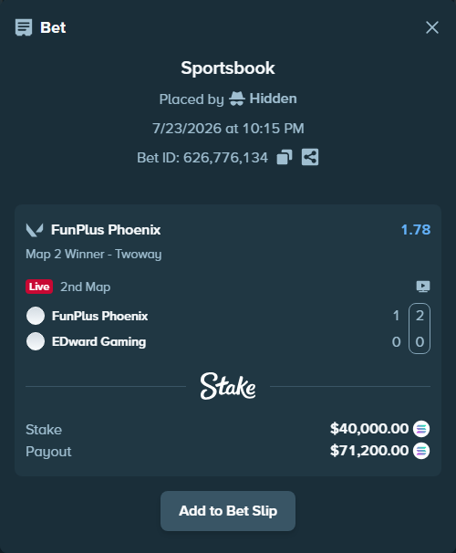 Bet slip: FunPlus Phoenix - EDward Gaming, $37,526.79 stake at 1.78 odds, placed by Hidden