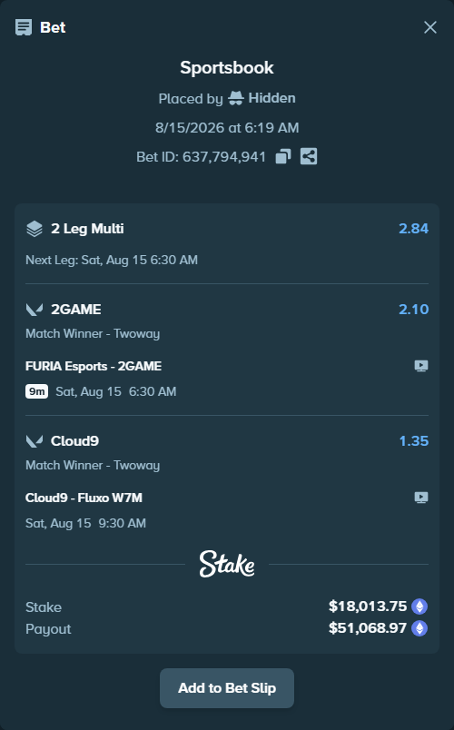 Bet slip: FURIA Esports - 2GAME, $18,055.79 stake at 2.10 odds, placed by Hidden