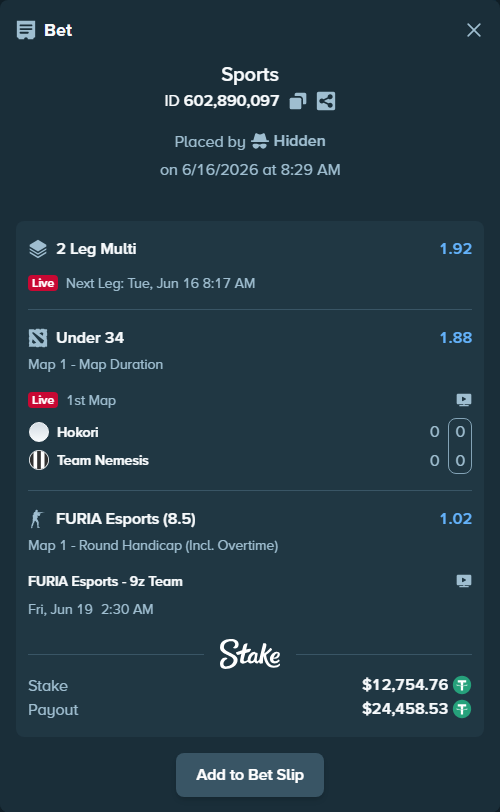 Bet slip: FURIA Esports - 9z Team, $12,767.51 stake at 1.02 odds, placed by Hidden
