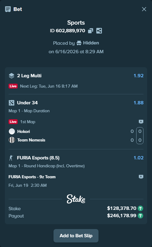 Bet slip: FURIA Esports - 9z Team, $128,507.07 stake at 1.02 odds, placed by Hidden