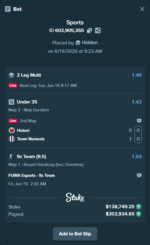 Bet slip: FURIA Esports - 9z Team, $138,888.00 stake at 1.03 odds, placed by Hidden