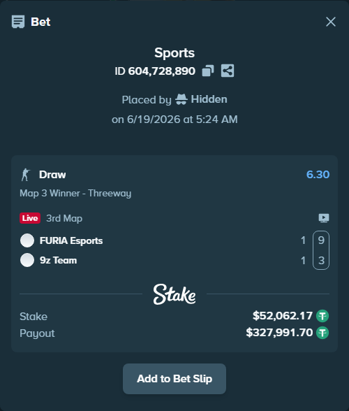 Bet slip: FURIA Esports - 9z Team, $52,114.24 stake at 6.30 odds, placed by Hidden