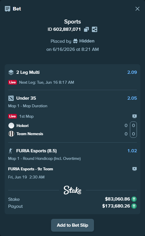 Bet slip: FURIA Esports - 9z Team, $83,060.86 stake at 1.02 odds, placed by Hidden