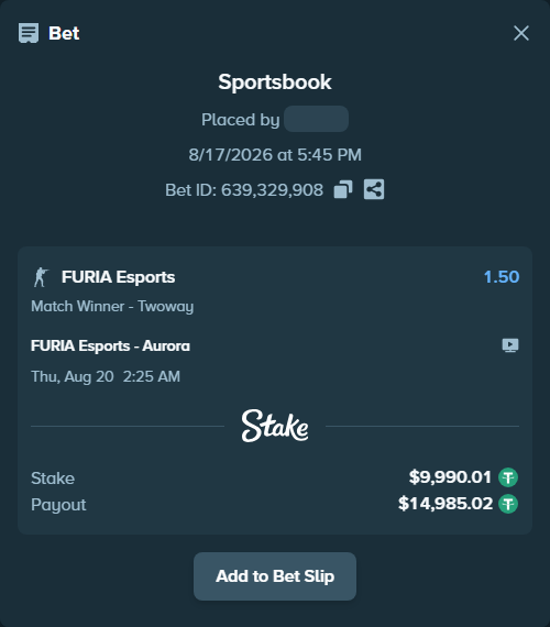 Bet slip: FURIA Esports - Aurora Gaming, $10,000.00 stake at 1.50 odds, placed by rasulovm