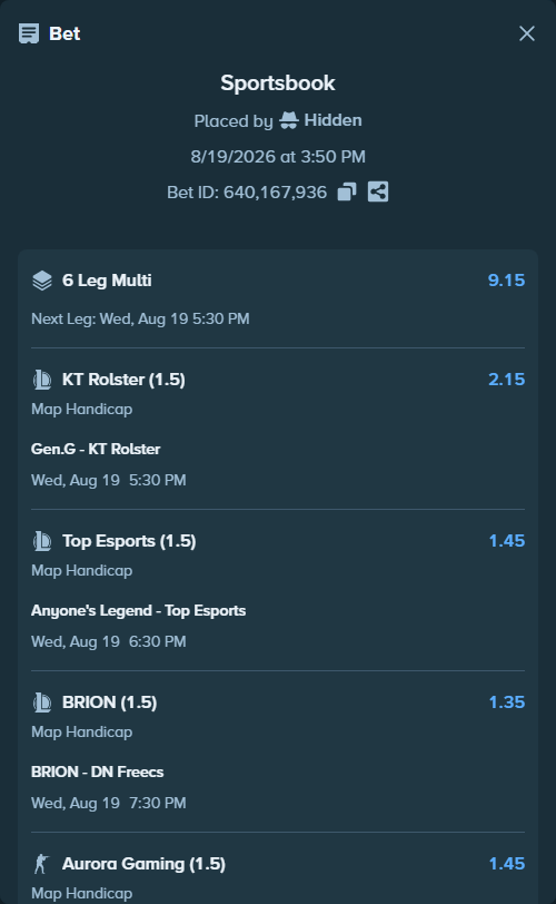 Bet slip: FURIA Esports - Aurora Gaming, $100,000.00 stake at 1.45 odds, placed by Hidden