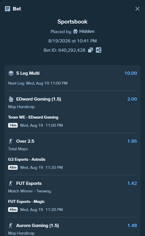 Bet slip: FURIA Esports - Aurora Gaming, $26,168.50 stake at 1.48 odds, placed by Hidden