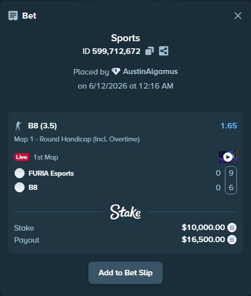 Bet slip: FURIA Esports - B8, $11,231.73 stake at 1.65 odds, placed by AustinAlgamus