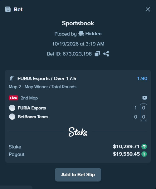 Bet slip: FURIA Esports - BetBoom Team, $10,300.00 stake at 1.90 odds, placed by Hidden