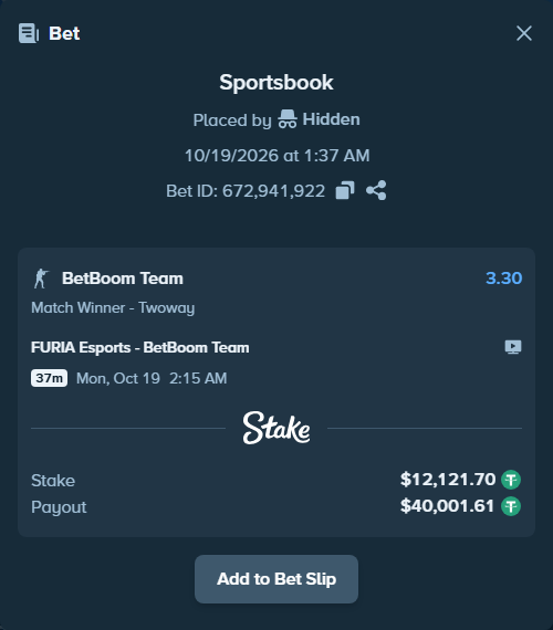 Bet slip: FURIA Esports - BetBoom Team, $12,133.82 stake at 3.30 odds, placed by Hidden