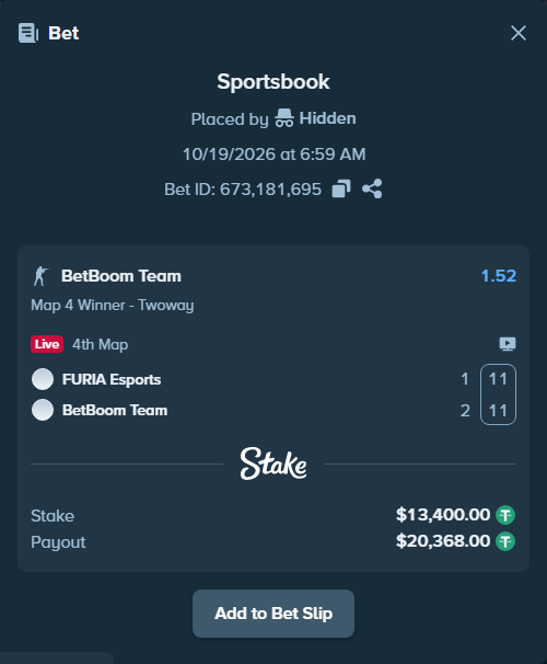 Bet slip: FURIA Esports - BetBoom Team, $13,413.40 stake at 1.52 odds, placed by Hidden