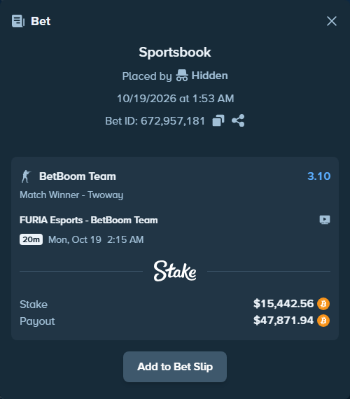 Bet slip: FURIA Esports - BetBoom Team, $15,558.71 stake at 3.10 odds, placed by CODERICKASHAY