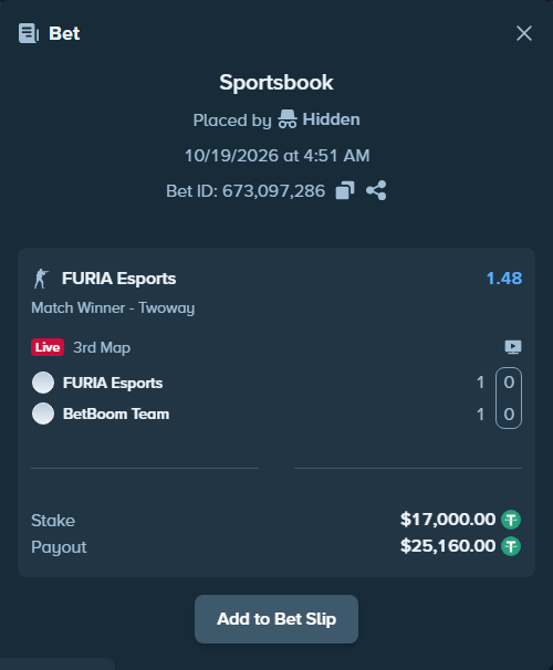 Bet slip: FURIA Esports - BetBoom Team, $17,017.00 stake at 1.48 odds, placed by Olecashoutlind