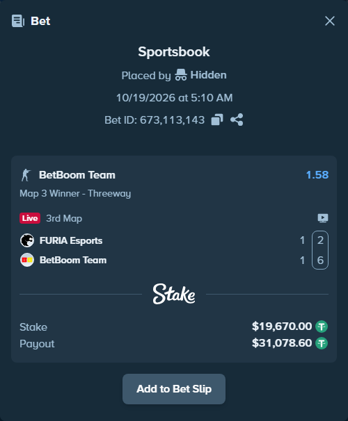 Bet slip: FURIA Esports - BetBoom Team, $19,689.67 stake at 1.58 odds, placed by Hidden