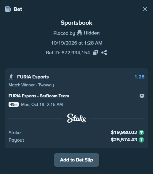 Bet slip: FURIA Esports - BetBoom Team, $20,000.00 stake at 1.28 odds, placed by Hidden