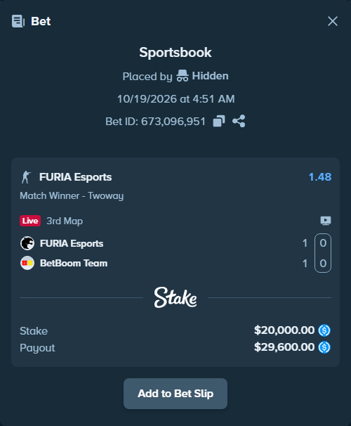 Bet slip: FURIA Esports - BetBoom Team, $20,000.00 stake at 1.48 odds, placed by Hidden