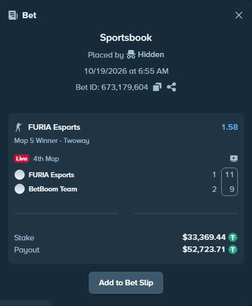 Bet slip: FURIA Esports - BetBoom Team, $33,402.80 stake at 1.58 odds, placed by Hidden