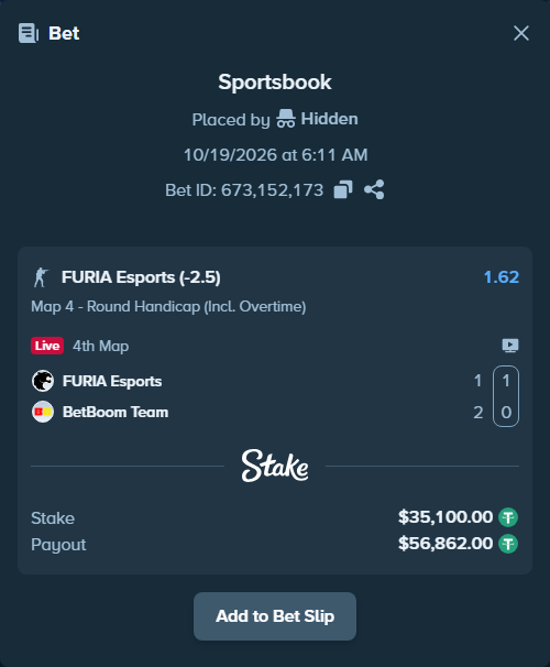 Bet slip: FURIA Esports - BetBoom Team, $35,135.10 stake at 1.62 odds, placed by Hidden