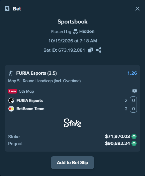 Bet slip: FURIA Esports - BetBoom Team, $72,042.00 stake at 1.26 odds, placed by Hidden