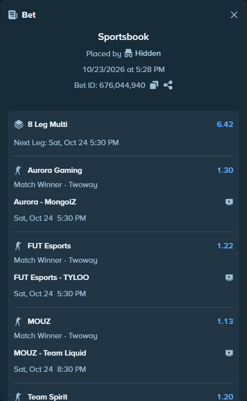 Bet slip: FURIA Esports - DENDELE CS, $12,802.51 stake at 1.17 odds, placed by Hidden