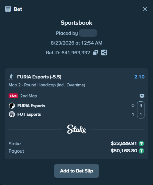 Bet slip: FURIA Esports - FUT Esports, $23,889.91 stake at 2.10 odds, placed by Erneststake