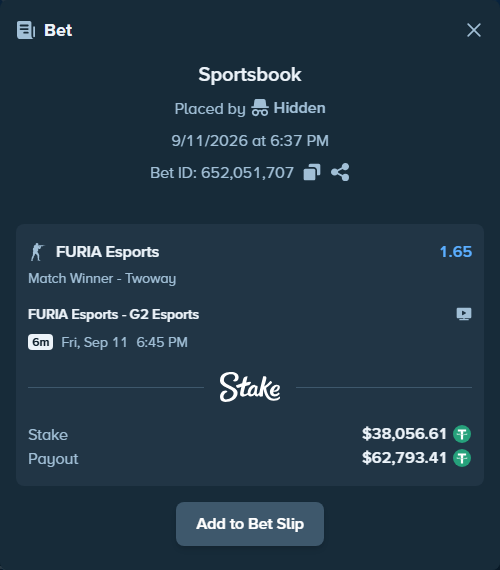Bet slip: FURIA Esports - G2 Esports, $38,049.00 stake at 1.65 odds, placed by Hidden