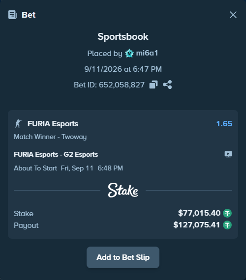 Bet slip: FURIA Esports - G2 Esports, $77,000.00 stake at 1.65 odds, placed by mi6a1