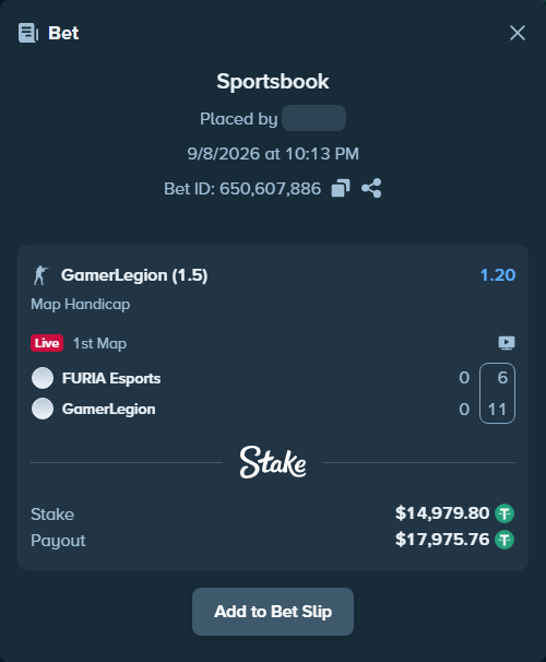 Bet slip: FURIA Esports - GamerLegion, $14,979.80 stake at 1.20 odds, placed by RyazheniyPetuh