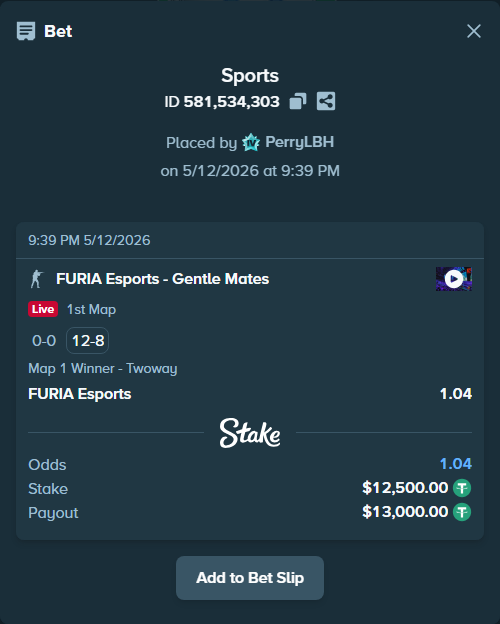 Bet slip: FURIA Esports - Gentle Mates, $12,500.00 stake at 1.04 odds, placed by PerryLBH