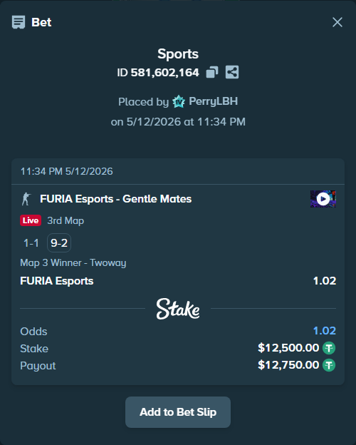 Bet slip: FURIA Esports - Gentle Mates, $12,500.00 stake at 1.02 odds, placed by PerryLBH