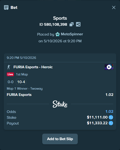 Bet slip: FURIA Esports - Heroic, $11,111.00 stake at 1.02 odds, placed by MetaSpinner