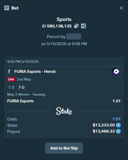 Bet slip: FURIA Esports - Heroic, $13,333.00 stake at 1.01 odds, placed by MetaSpinner