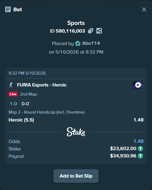 Bet slip: FURIA Esports - Heroic, $23,602.00 stake at 1.48 odds, placed by Abo114