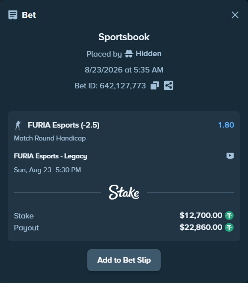 Bet slip: FURIA Esports - Legacy, $12,700.00 stake at 1.80 odds, placed by Hidden