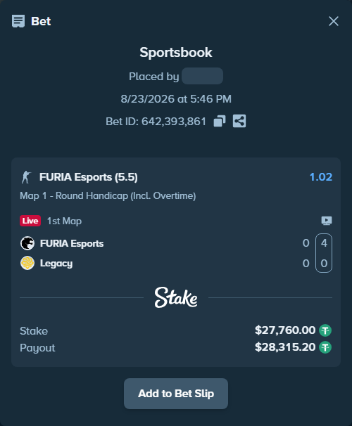 Bet slip: FURIA Esports - Legacy, $27,760.00 stake at 1.02 odds, placed by VividMarsh