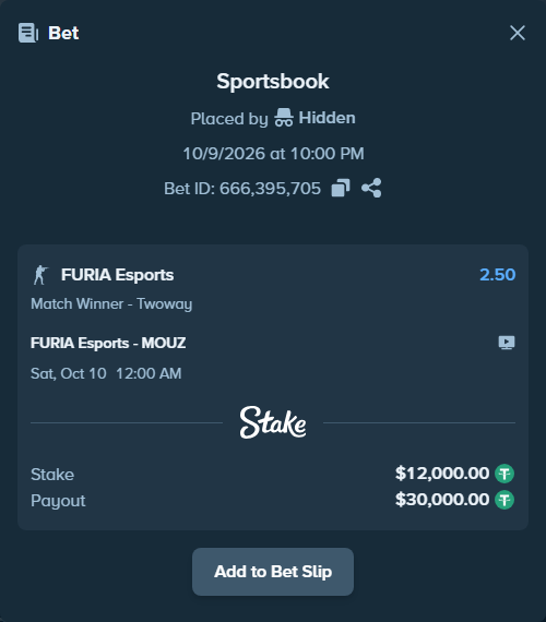 Bet slip: FURIA Esports - MOUZ, $12,012.00 stake at 2.50 odds, placed by Håvardlied2004