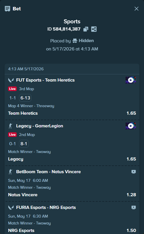 Bet slip: FURIA Esports - NRG Esports, $20,000.00 stake at 1.50 odds, placed by Hidden