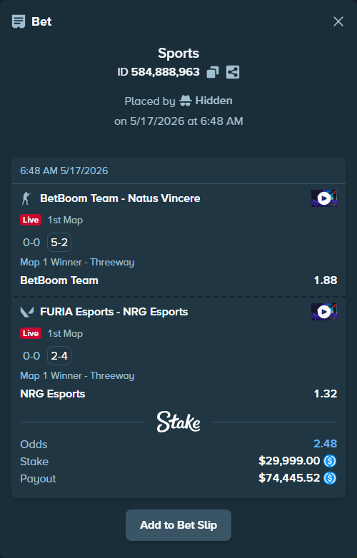 Bet slip: FURIA Esports - NRG Esports, $29,999.00 stake at 1.32 odds, placed by Hidden