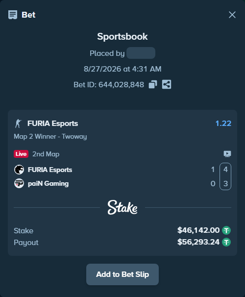 Bet slip: FURIA Esports - paiN Gaming, $46,142.00 stake at 1.22 odds, placed by Mnt41