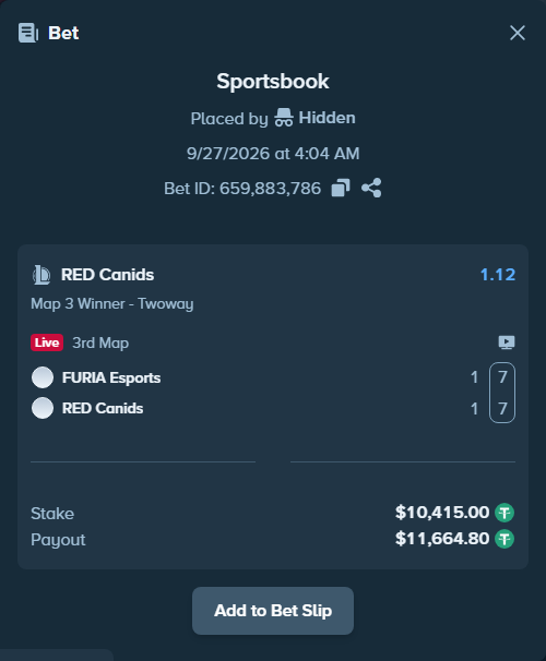 Bet slip: FURIA Esports - RED Canids, $10,415.00 stake at 1.12 odds, placed by Hidden