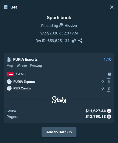 Bet slip: FURIA Esports - RED Canids, $11,620.56 stake at 1.10 odds, placed by Hidden