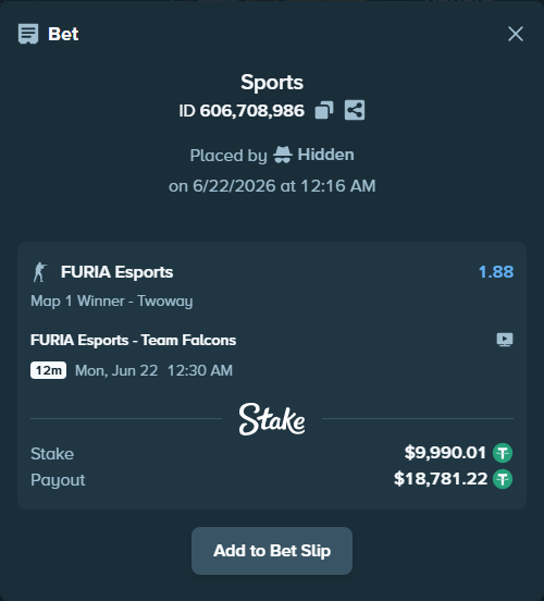 Bet slip: FURIA Esports - Team Falcons, $10,000.00 stake at 1.88 odds, placed by Hidden