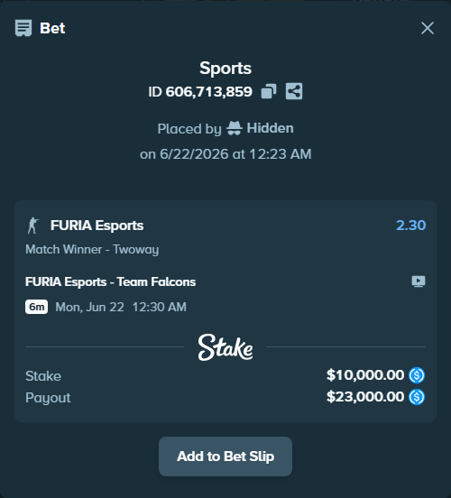 Bet slip: FURIA Esports - Team Falcons, $10,000.00 stake at 2.30 odds, placed by Hidden