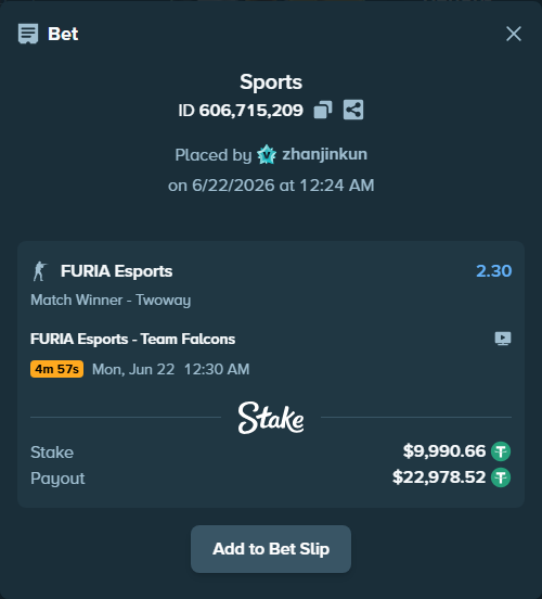 Bet slip: FURIA Esports - Team Falcons, $10,000.65 stake at 2.30 odds, placed by zhanjinkun