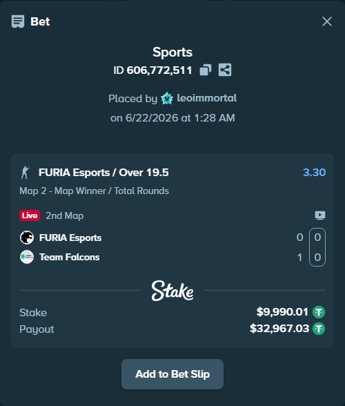 Bet slip: FURIA Esports - Team Falcons, $10,000.00 stake at 3.30 odds, placed by leoimmortal
