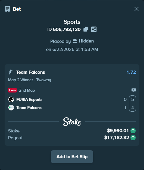 Bet slip: FURIA Esports - Team Falcons, $10,000.00 stake at 1.72 odds, placed by Hidden