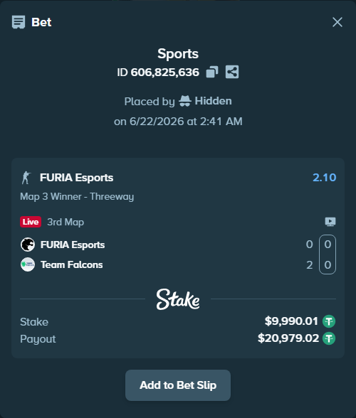 Bet slip: FURIA Esports - Team Falcons, $10,000.00 stake at 2.10 odds, placed by Hidden