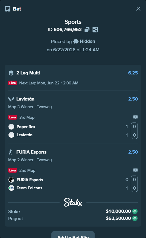 Bet slip: FURIA Esports - Team Falcons, $10,010.00 stake at 2.50 odds, placed by Hidden